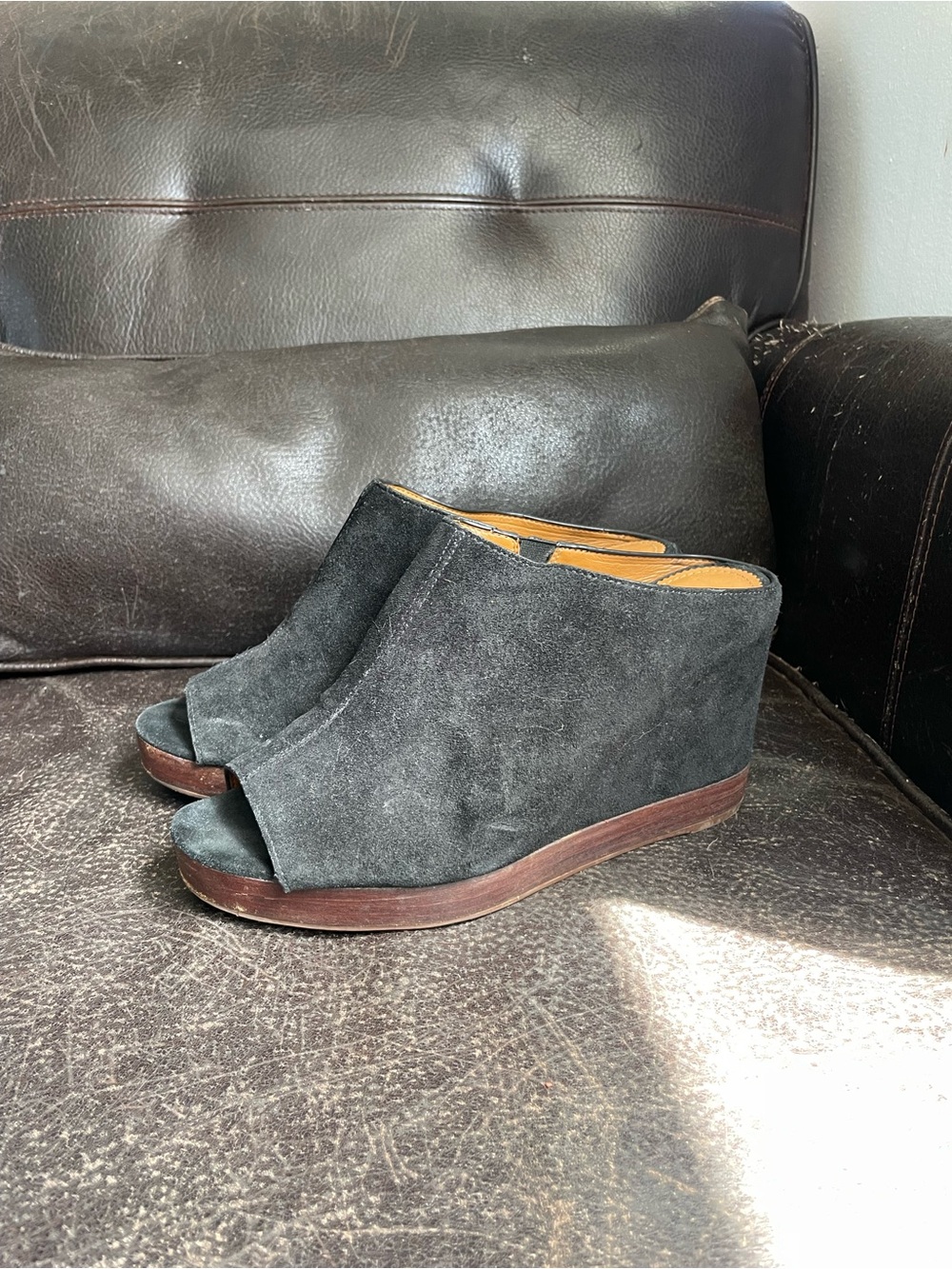 SARTO By Franco Sarto Black Suede Peep-Toe Wedge Mules